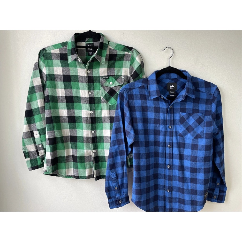 Volcom Quiksilver Flannel Shirt Lot Boys Medium Blue Green Plaid Skater Grunge